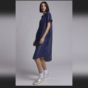 WILDFANG Navy Short sleeve button-down midi length pinstripe shirt dress Large